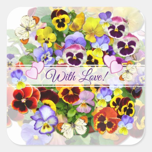 Colourful Pansy Arrangement with Butterflies  Squa Square Sticker
