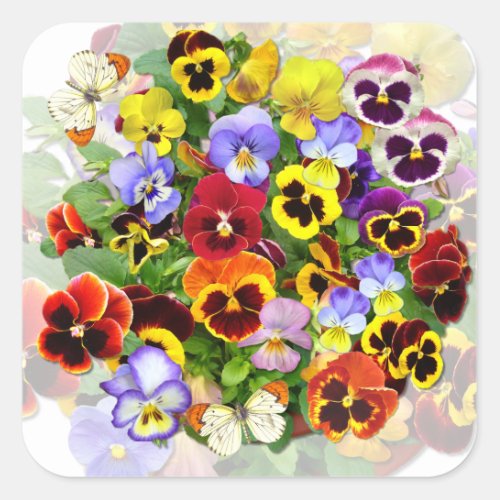 Colourful Pansy Arrangement with Butterflies Squar Square Sticker