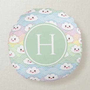 Colourful Pastel Kawaii Clouds Pattern Monogram Round Pillow