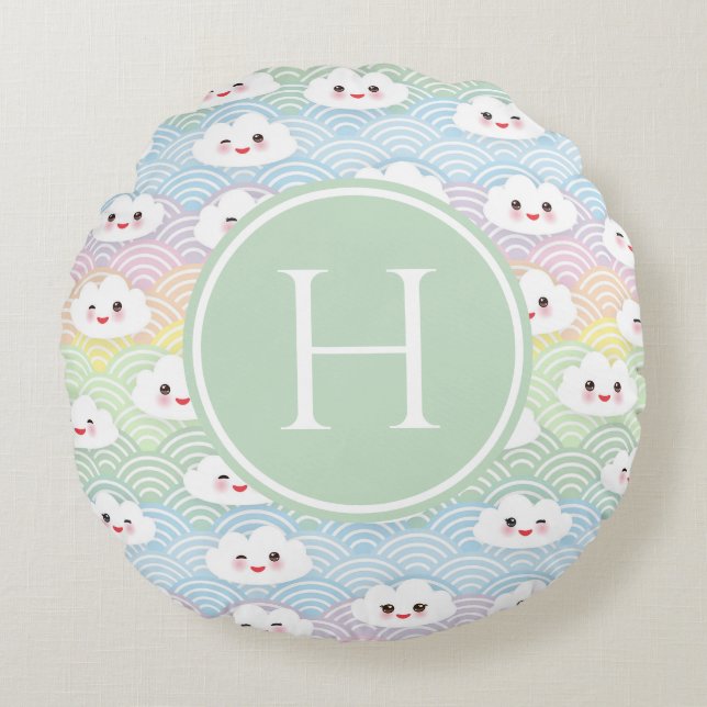 Colourful Pastel Kawaii Clouds Pattern Monogram Round Pillow (Front)