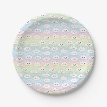 Colourful Pastel Waves Kawaii Clouds Pattern Paper Plates by KeikoPrints at Zazzle