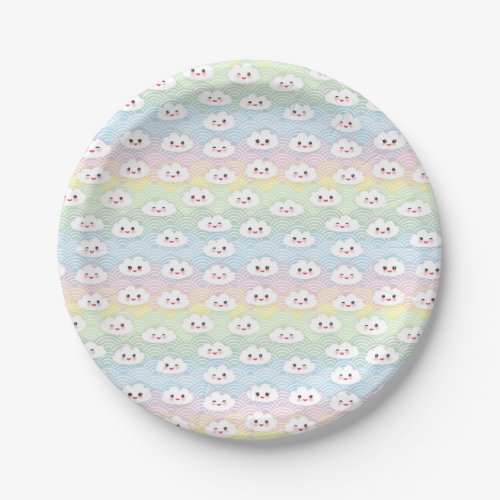 Colourful Pastel Waves Kawaii Clouds Pattern Paper Plates