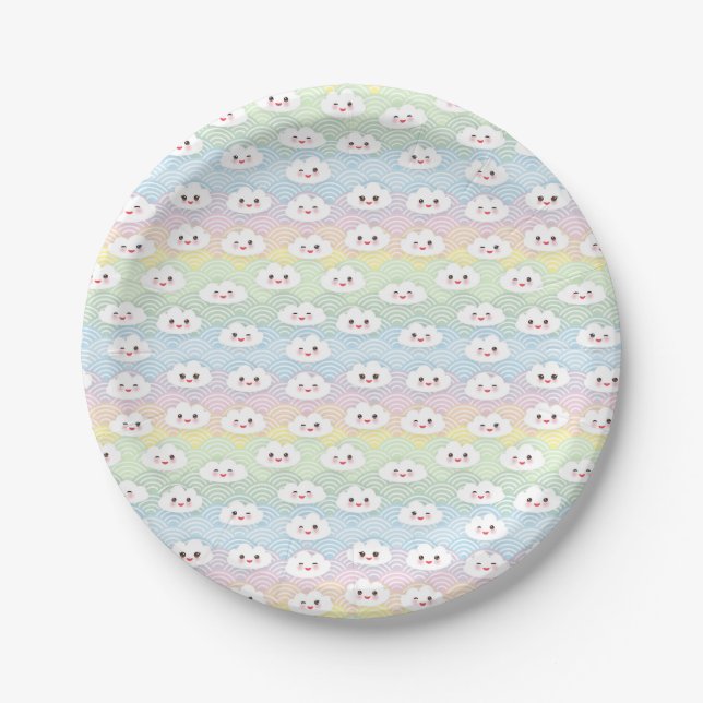 Colourful Pastel Waves Kawaii Clouds Pattern Paper Plates (Front)