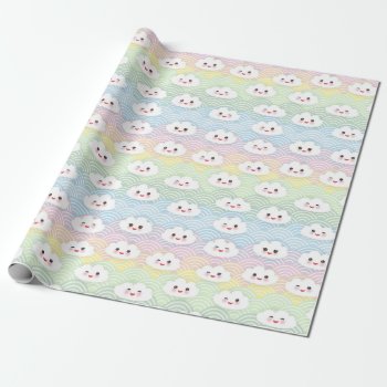 Colourful Pastel Waves Kawaii Clouds Pattern Wrapping Paper by KeikoPrints at Zazzle