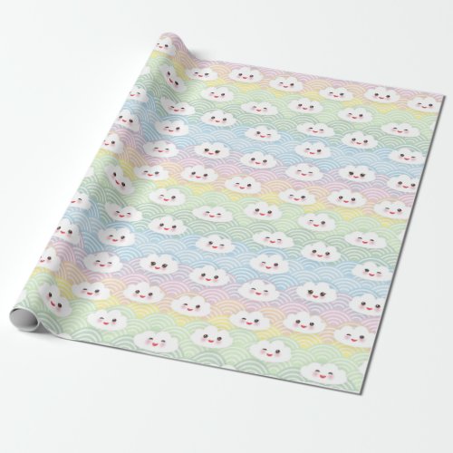 Colourful Pastel Waves Kawaii Clouds Pattern Wrapping Paper