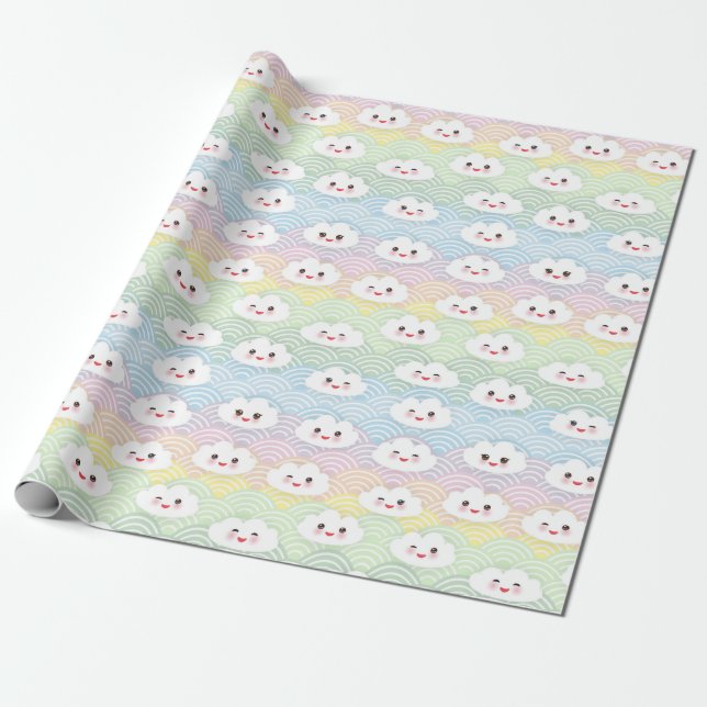 Colourful Pastel Waves Kawaii Clouds Pattern Wrapping Paper (Unrolled)