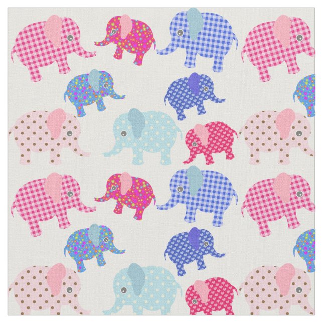 Colourful Patchwork Retro Elephant Print Fabric (Close Up)