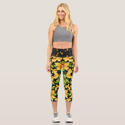 Colourful pattern yellow blackHigh Waisted Capris