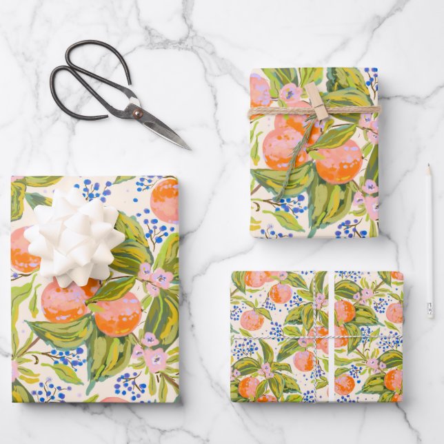 Colourful peaches with flowers  wrapping paper sheets (Front)