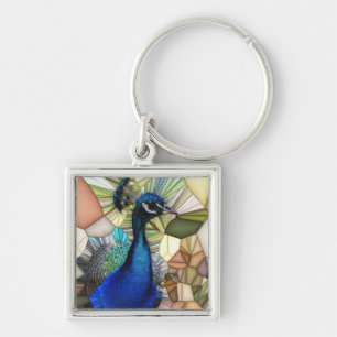 Colourful Peacock Mosaic Square Key Ring