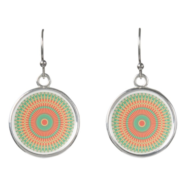Colourful peppermint and apricot mandala fashion earrings (Front)