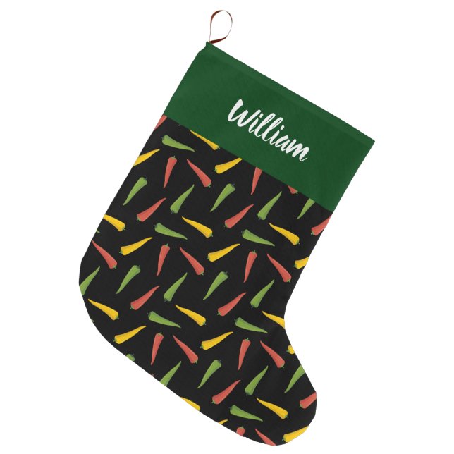 Colourful Peppers Pattern Large Christmas Stocking (Front (Hanging))