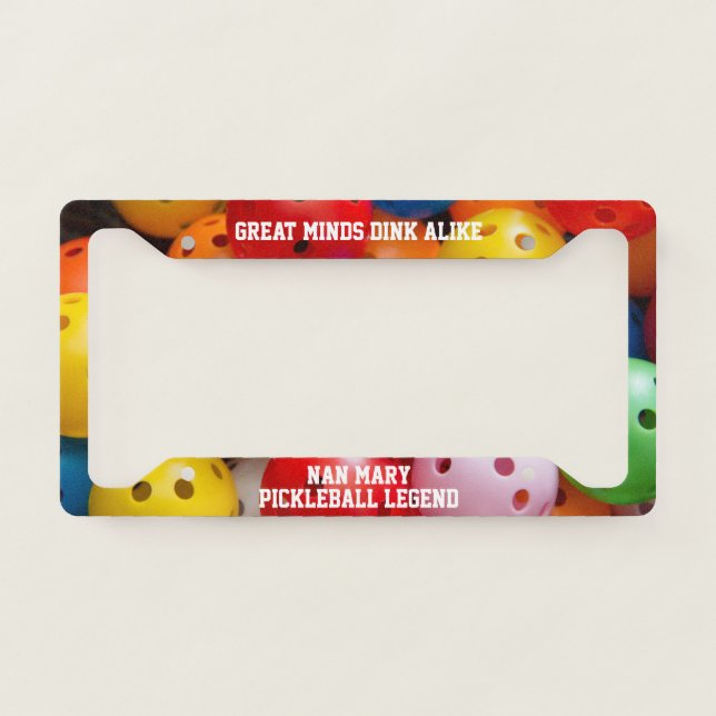  Colourful pickleballs, custom text  License Plate Frame (Front)