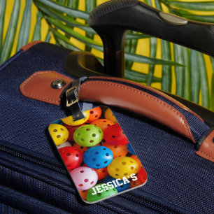 Colourful pickleballs, with custom text luggage tag