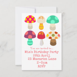 Colourful pink mushrooms girl's birthday party in invitation