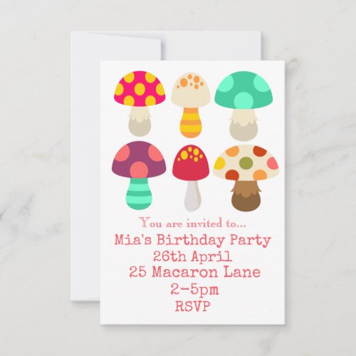 Colourful pink mushrooms girls birthday party  in invitation