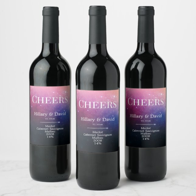 Colourful Pink Nebula Wedding Wine Label (Bottles)