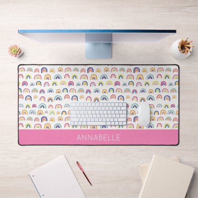 Colourful Pink Rainbow Personalized First Name Desk Mat (Office 1)