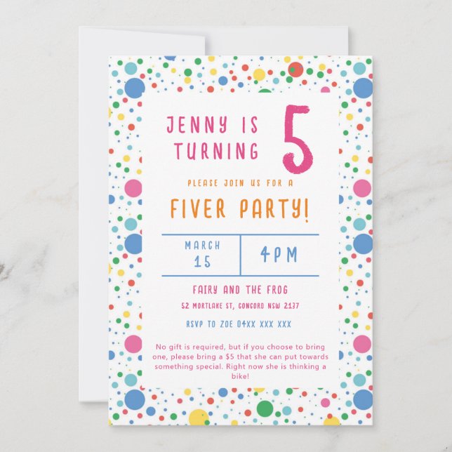 Colourful Pokadot Fiver Party Birthday Invitation (Front)