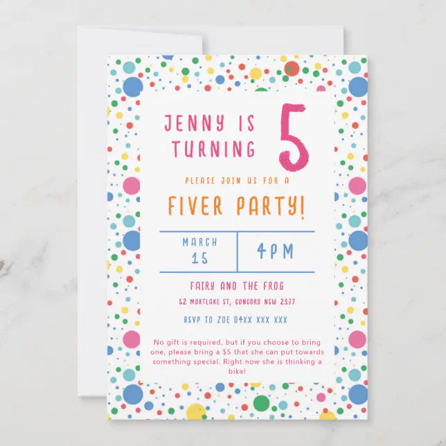 Colourful Pokadot Fiver Party Birthday Invitation Zazzle