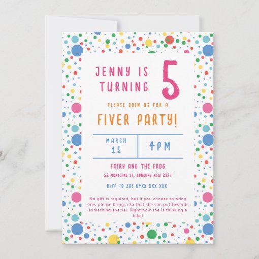 Colourful Pokadot Fiver Party Birthday Invitation Zazzle