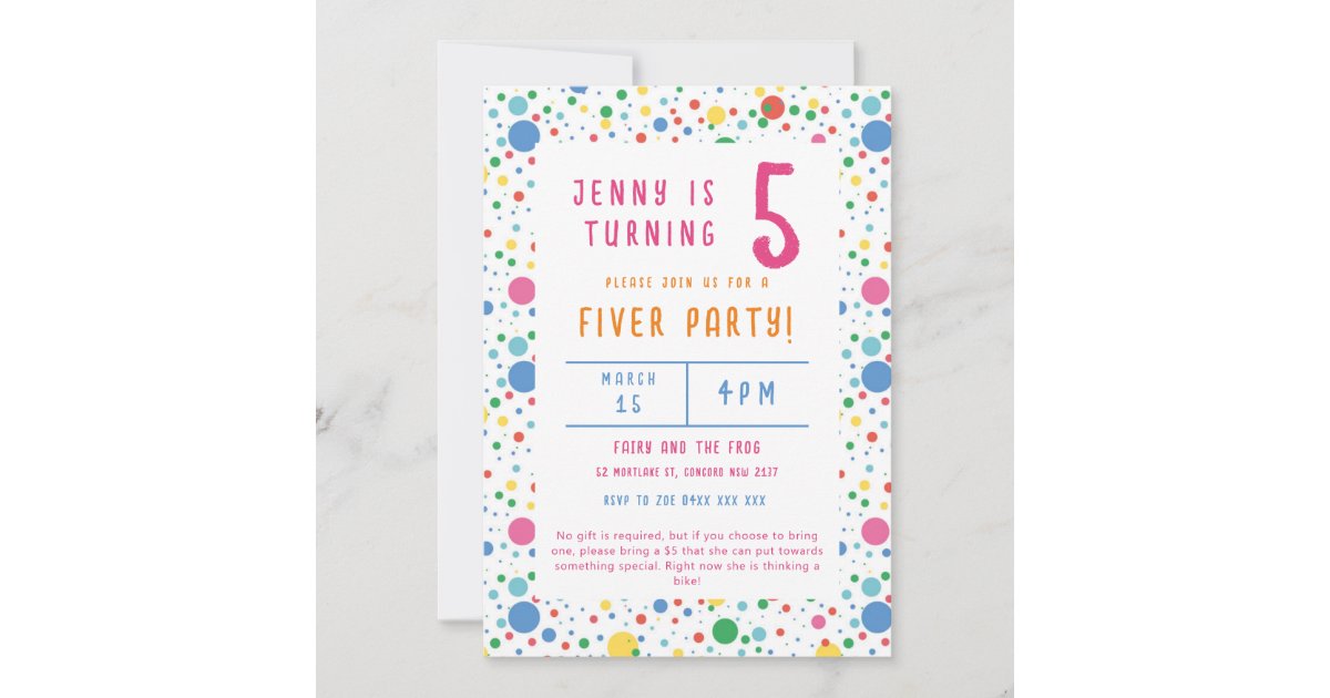 Colourful Pokadot Fiver Party Birthday Invitation | Zazzle