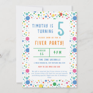 Colourful Pokadot Fiver Party Birthday Invitation