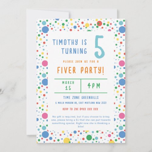 Colourful Pokadot Fiver Party Birthday Invitation