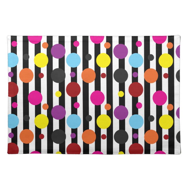 Colourful Polka Dots Black White Stripes Design Cloth Placemat (Front)
