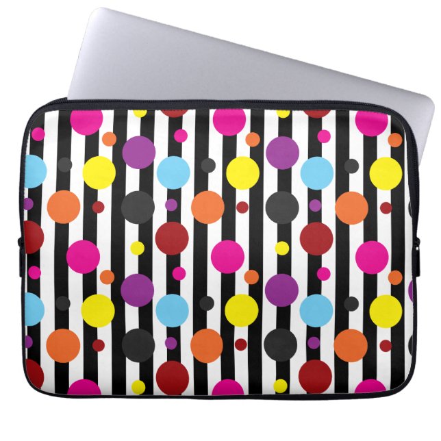Colourful Polka Dots Black White Stripes Design Laptop Sleeve (Front)