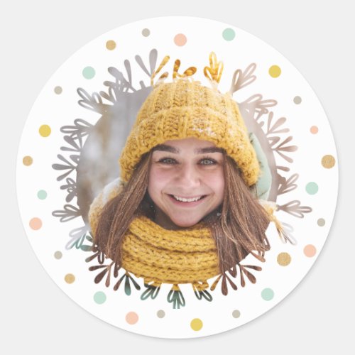 Colourful Polka Dots  Snowflake Christmas Photo Classic Round Sticker