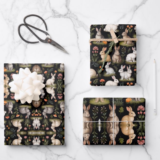 Colourful Rabbits on Black Wrapping Paper Sheets (Front)