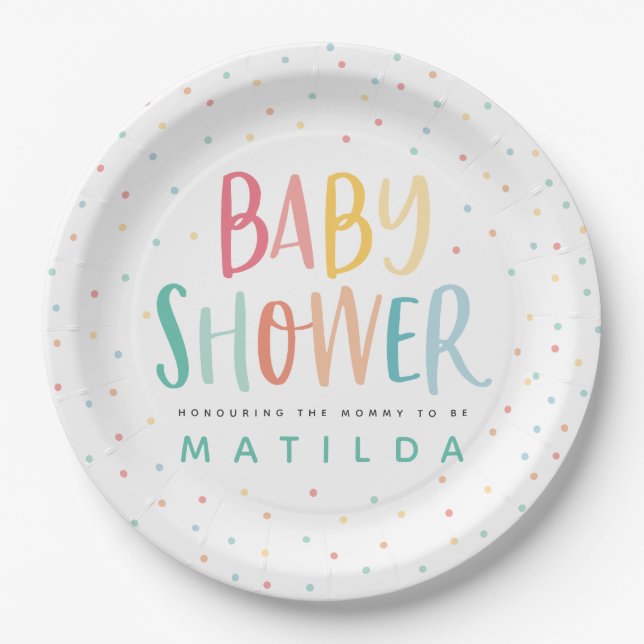 Colourful rainbow baby shower paper plates (Front)