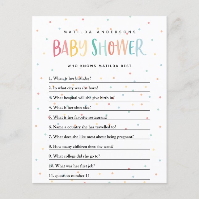 Colourful rainbow baby shower party game flyer (Front)