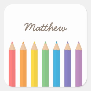 Colourful Rainbow Colouring Pencils School Kids Square Sticker by RustyDoodle at Zazzle