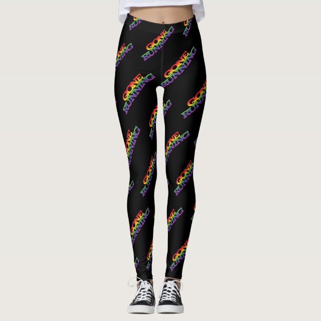 Colourful Rainbow Effect Gone Running Text Pattern Leggings (Front)
