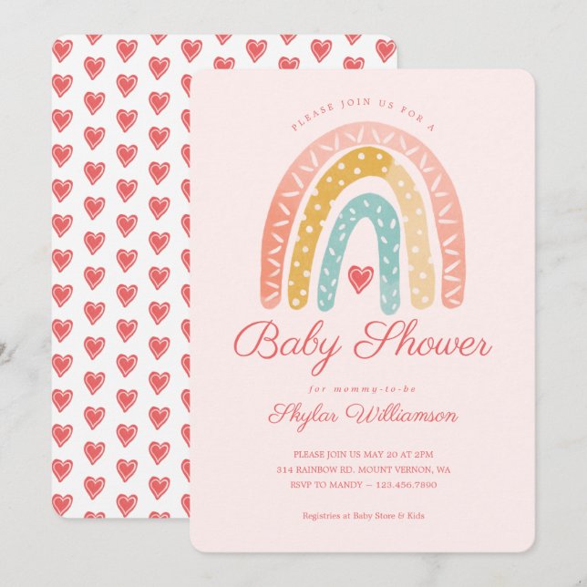 Colourful Rainbow & Hearts Girl Baby Shower Invitation (Front/Back)