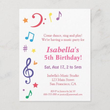 Colourful Rainbow Music Themed Birthday Party Invitation