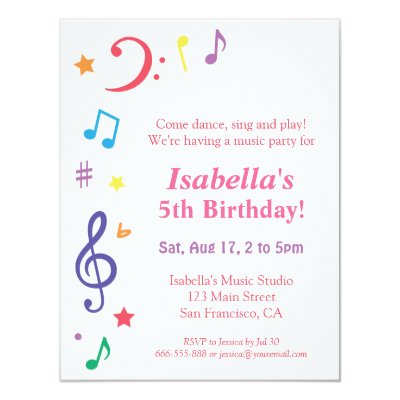 Cute Music Themed Kids Birthday Party Invitations