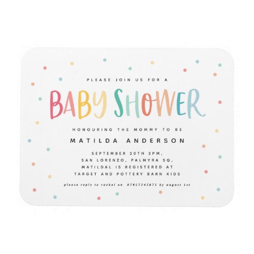 Colourful rainbow polka dot baby shower invitation magnet