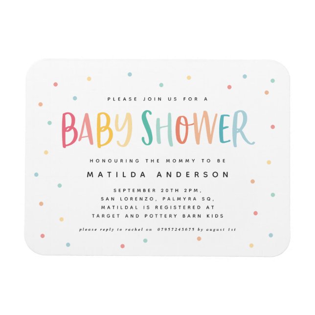 Colourful rainbow polka dot baby shower invitation magnet (Horizontal)