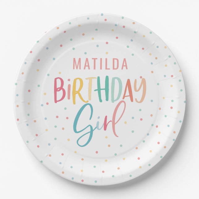 Colourful rainbow polka dot birthday girl paper plates (Front)