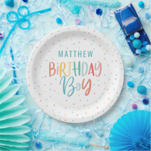 Colourful rainbow polka dot birthday girl paper plates