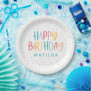 Colourful rainbow polka dot birthday paper plates