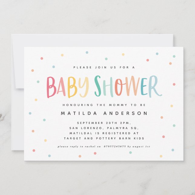 Colourful rainbow stripe and dot baby shower (Front)