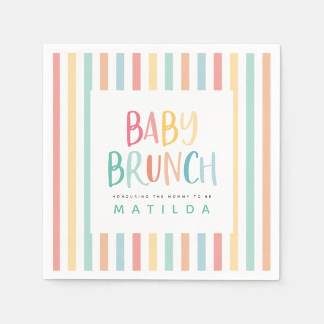 Colourful rainbow stripe baby brunch invitation napkins (Front)
