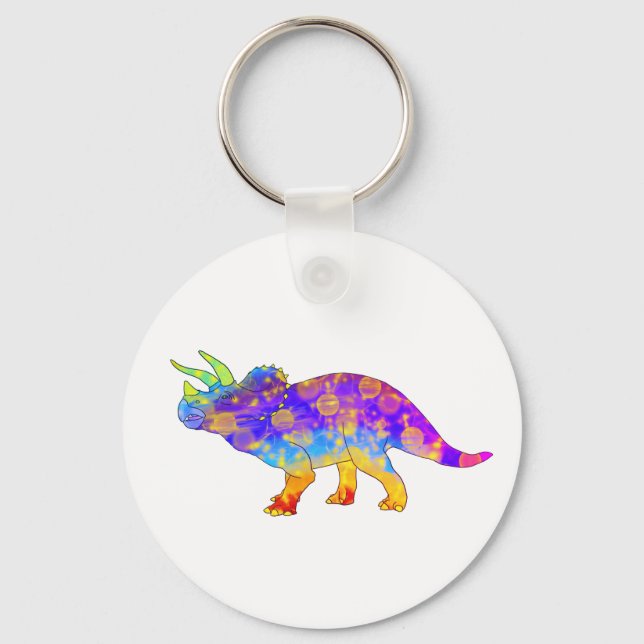 Colourful Rainbow Triceratops Cute Dinosaur Art Keychain (Front)
