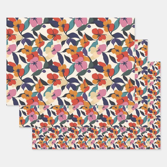 Colourful Retro Abstract Floral Patterned Wrapping Paper Sheets (Set)