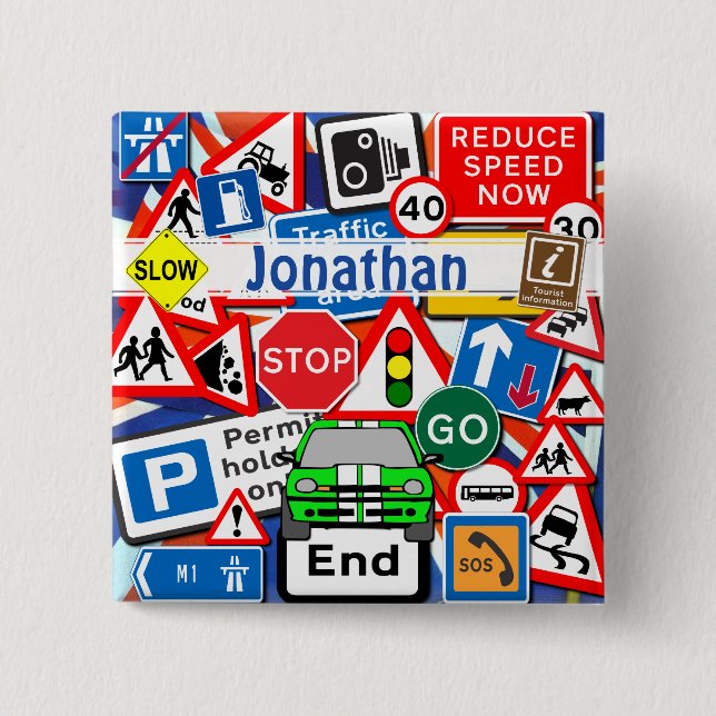 Colourful Road Signs, and Automobile, Custom Name Button (Front)