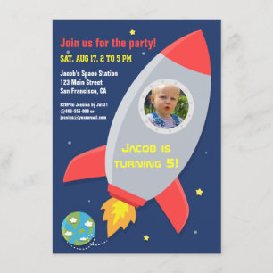 Colourful Rocket Space Party Kids Birthday Photo Invitation